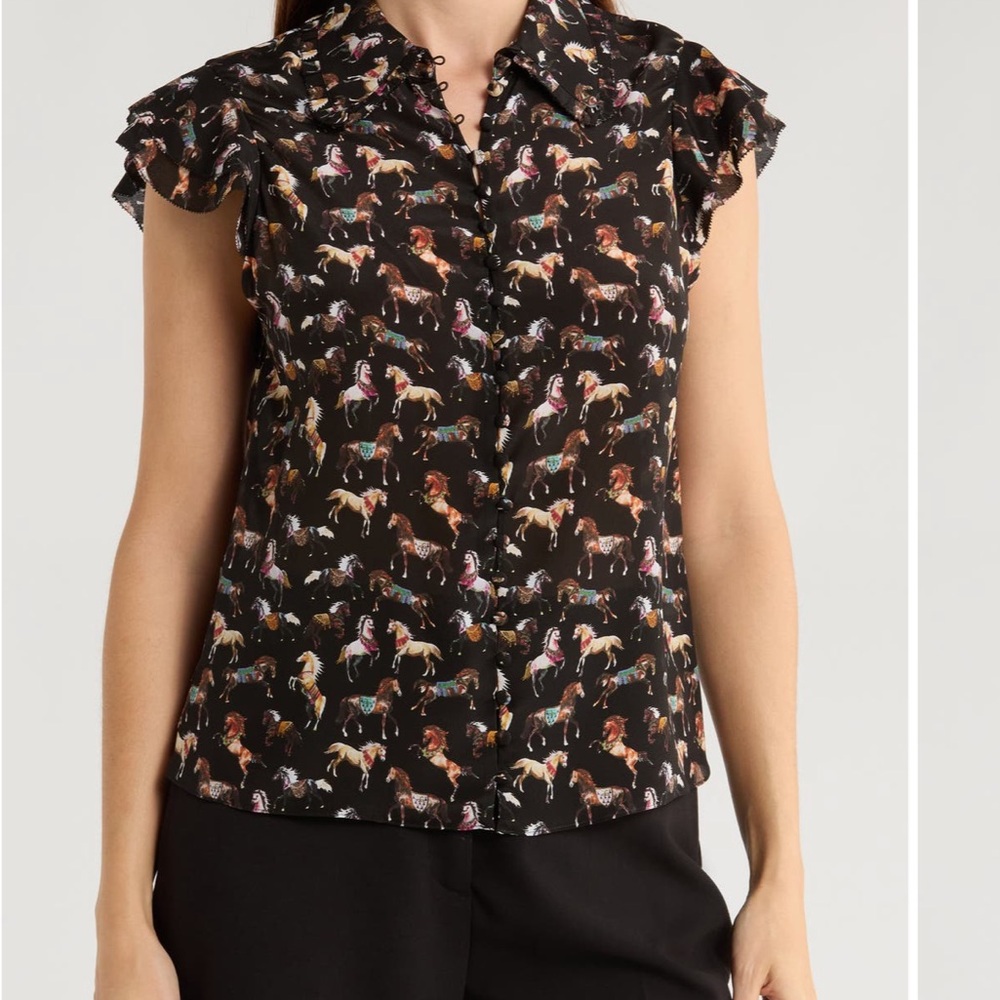 Women's Black Martel Flutter Sleeve Horse Print Top